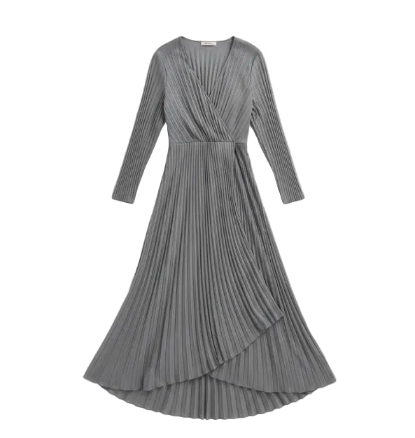 Women's Gray Pleat Wrap Dress