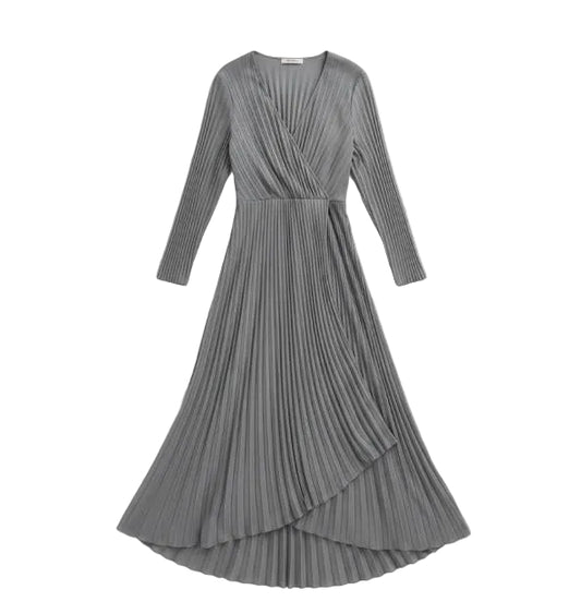 Women's Gray Pleat Wrap Dress