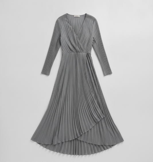 Gray Pleat Wrap Dress